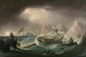岩が多い海岸沖の難破船 作： Thomas Buttersworth