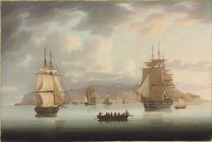 フンシャルロードステッド、HMSブレナムとグレイハウンドおよびハリアーアウトバウンド、1805 作： Thomas Butterworth