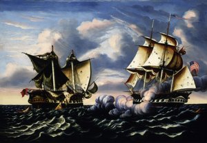 H.B.M.フリゲート「マセドニアン」の米フリゲート「ユナイテッド・ステーツ」による拿捕（1812年10月25日 作： トーマス・チェンバース