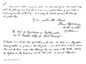 トーマスチャタートンからホレスウォルポールへの手紙の一部、18世紀後半、1840年 作： Thomas Chatterton