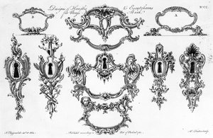 黄銅細工用の柄と飾りのデザイン、W。フォスター作、1761年 作： Thomas Chippendale