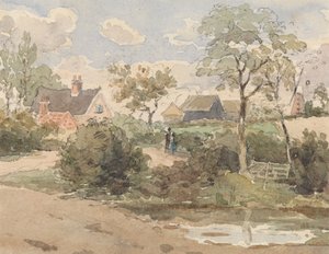 コテージ、風車、納屋、フォア グラウンドで池のある人物と国の風景 作： Thomas Churchyard