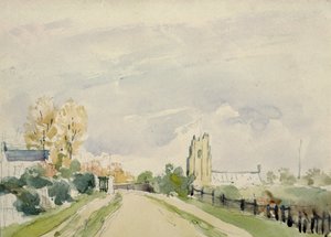 サフォークの風景、小さな家、教会、木々のある広い道 作： Thomas Churchyard