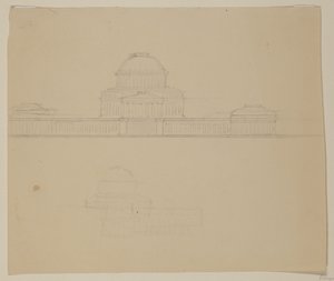 オハイオ州議会議事堂の標高、1838年頃（ベージュ色の紙に黒鉛鉛筆） 作： Thomas Cole