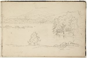 1822年頃、ピッツフィールド近くのフーシックまたはサドルマウンテンアンドレイク（オフホワイトの紙に黒鉛鉛筆）