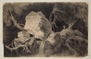 岩と滝の近くの洞窟に立つハンター、1828年頃（グラファイト鉛筆） 作： Thomas Cole