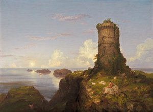 廃墟の塔のあるイタリアの海岸のシーン 作： Thomas Cole