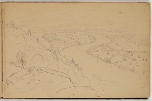 ホルヨーク山から見たコネチカット川のオックスボーのパノラマ、1832年頃（紙に鉛筆） 作： Thomas Cole