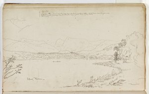 1829年イギリスの湖水地方、ウィンダミアの首（ペンと紙に鉛筆でインク） 作： Thomas Cole