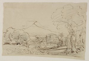 火山、湖、フィギュアハンティング、1846年-47年（紙に鉛筆でペンとインク） 作： Thomas Cole