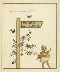 サインポストは、その方向に歩いている若い女の子とロンドンタウンへの道を示しています 作： Thomas Crane