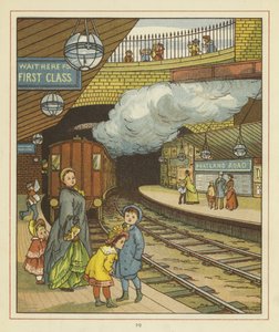 ポートランドロード駅のホームで子供たちのグループと一緒に立っている女性 作： Thomas Crane