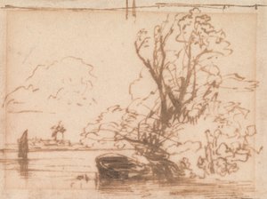 川岸に係留されたボート 作： Thomas Creswick