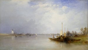 バタシーのテムズ川の眺め、1834 年。 作： Thomas Creswick