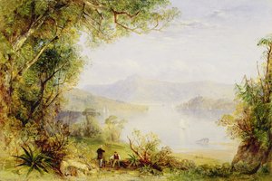 ハドソン川の眺め、c.1840-45（パネルに油彩） 作： Thomas Creswick