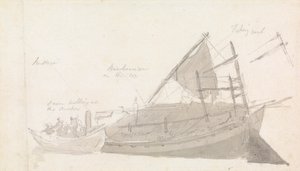 Barco de pesca com pequenas embarcações ao lado 作： Thomas Daniell