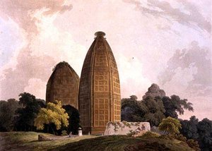 ジュムナ川沿いのビンドラプンドのヒンドゥー教寺院（「Oriental Scenery」より）。ヒンドゥースタンの24の風景」より 作： Thomas Daniell