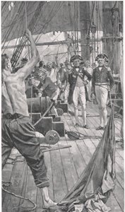 有名な信号の引き上げ、「陸と海のイギリスの戦い」のイラスト、ロンドン、カッセル発行、1910年 作： Thomas Davidson