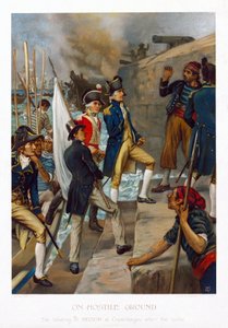 敵地で。戦いの後（1801年）、コペンハーゲン（デンマーク）に上陸したホレイショ・ネルソン（1758-1805）。1897年頃、トーマス・デイヴィッドソン（1863-1903年活躍）によるクロモリトグラフ。 作： Thomas Davidson