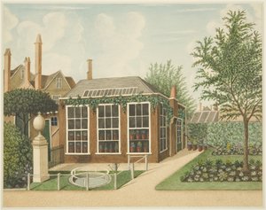 セント・ジェームズ・スクエア14番地の砂利道からホットハウスと小さなプールを望む、1806年頃（紙に水彩・オーバーペンシル 作： Thomas Dr Pole