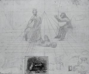 雑誌のストーリーのイラストのための無題の遠近法の研究、ニーラス・ピーラー氏の条件 作： Thomas Eakins
