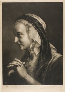 等身大の頭から、杖に寄りかかる老婆 作： Thomas Frye