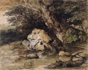 橋に近づく人物のいる丘陵の風景、1763年頃（紙とトイレとガッシュ） 作： Thomas Gainsborough