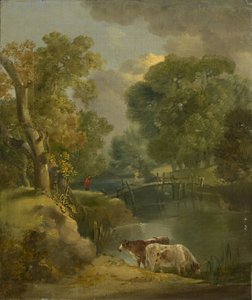 18世紀の2頭の牛と橋の上の図のある川の風景 作： Thomas Gainsborough