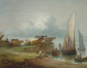 1780-84年の帆船のある川岸の牛