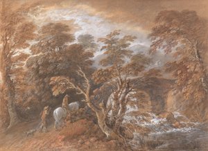 橋に近づく人影のある丘陵の風景 作： Thomas Gainsborough