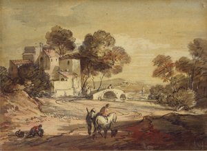 曲がりくねった道に旅行者がいるイタリア風の風景、1775-1779 作： Thomas Gainsborough