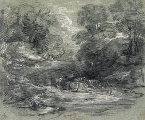 木々の間を縫うように走る荷車のある風景（木炭、ガッシュ、紙） 作： Thomas Gainsborough