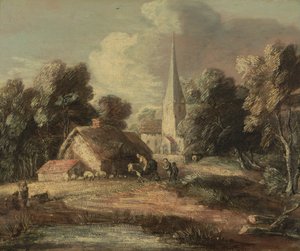 コテージと教会のある風景 作： Thomas Gainsborough