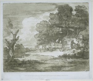 ウォーターフロントと森の端に沿って馬が引く戦車のある風景 作： Thomas Gainsborough