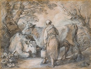 2 頭の牛を連れた乳搾り女、18 世紀半ば 作： Thomas Gainsborough