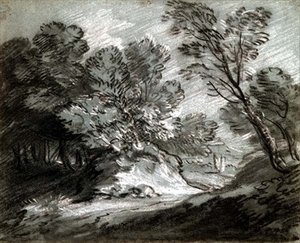 No.0975 遠くの山がある森の風景（ブルーペーパーにチョーク 作： Thomas Gainsborough