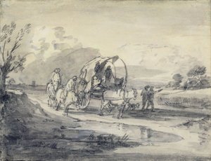 Herdsmanとカバードカートのあるオープンランドスケープ、c.1780-85（灰色と黒色のウォッシュとチョークを紙の上に置いた） 作： Thomas Gainsborough