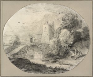 橋と教会のある川の風景 作： Thomas Gainsborough