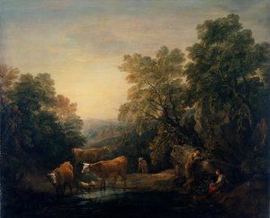 「素朴な恋人たちのいる岩が多い森の風景」、1771-74 作： Thomas Gainsborough