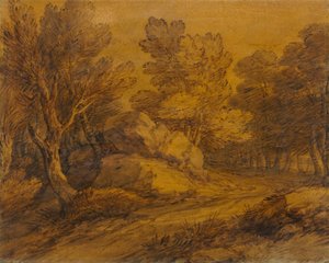 木を通る道路の曲がりくねったシーンc。 1770。 作： Thomas Gainsborough
