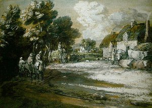 村を通り過ぎる旅人たち（紙に白黒のチョーク） 作： Thomas Gainsborough