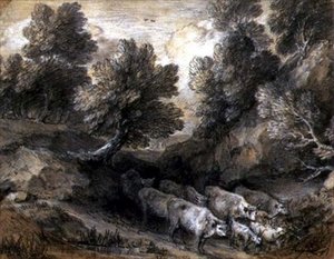 牛とヤギのいる森の風景」1768年～72年頃（紙に白黒のチョーク）