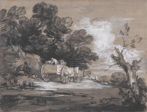 カントリーカートとフィギュアのある樹木が茂った風景 作： Thomas Gainsborough