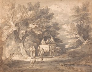 カントリー カートと車線を歩いている人物がいる樹木が茂った風景 作： Thomas Gainsborough