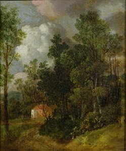 カントリーハウスと2つの人物が描かれた樹木が茂った風景、1752年頃（キャンバスに油彩、キャンバスに配置） 作： Thomas Gainsborough
