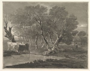 プール、フィギュア、コテージの横に牛がいる森の風景、1775-80。 作： Thomas Gainsborough