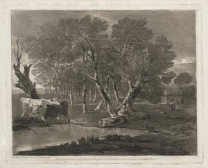 1797年に出版された、プール、フィギュア、コテージの横にある牛のいる森の風景。