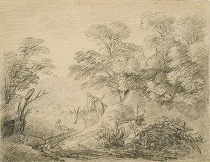 ロバと人物のいる森の風景、1759年頃（紙に黒鉛） 作： Thomas Gainsborough