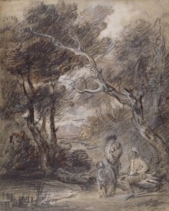 人物のいる樹木が茂った風景、1788年頃（紙にチョーク、ウォッシュ、ガッシュ） 作： Thomas Gainsborough