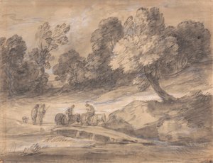 Paisagem arborizada com figuras a cavalo atravessando uma ponte 作： Thomas Gainsborough